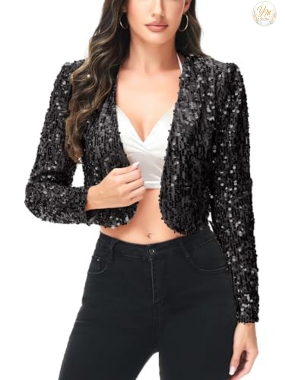 Anna-Kaci Sequin Long Sleeve Cropped Blazer Bolero Shrug